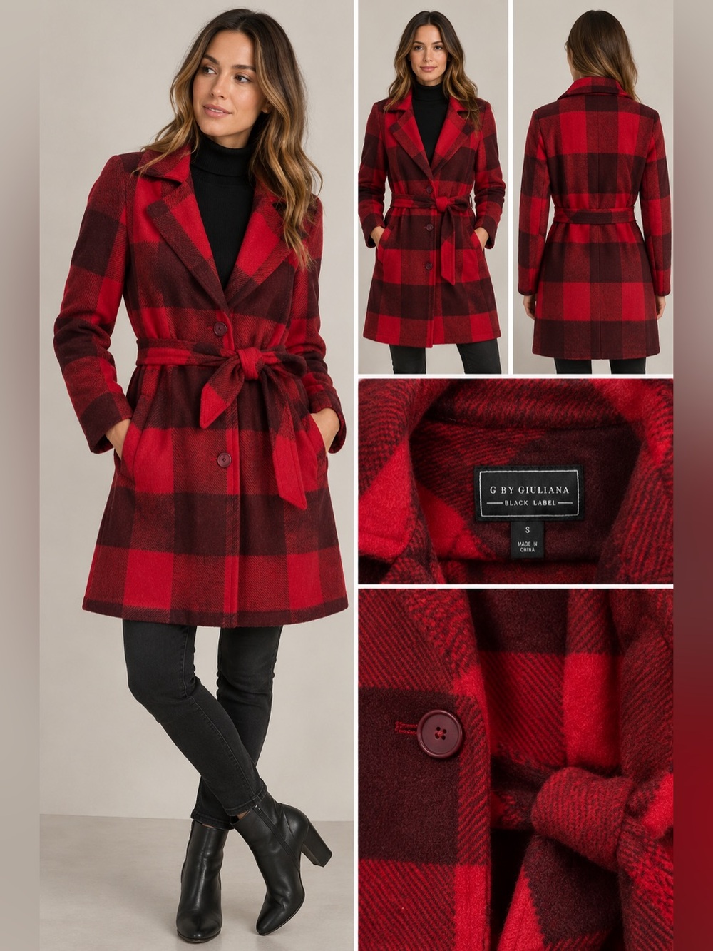 G by Giuliana Black Label Red Buffalo Plaid Belted Coat Size Small, NEW